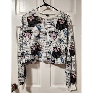 Drop Pullover Shoulder Butterfly & Slogan Pattern Crop Sweatshirt Size Small